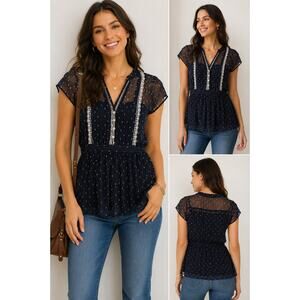 Y2K Love Squared Navy Sheer Peplum Blouse Boho Coquette Top M
